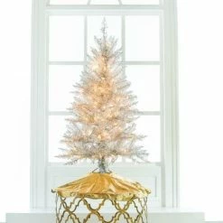 The Christmas Palace 4 FT SILVER TINSEL TREE PRE LIT CLEAR LIGHTS CHRISTMAS TREES