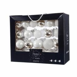 The Christmas Palace Shatterproof & Glass Sets 3" WHITE & SILVER ASSORTED GLASS ORNAMENT SET OF 42 PIECES