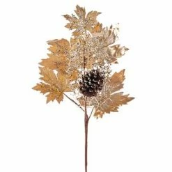 The Christmas Palace 27" GOLDEN BROWN METALLIC MAPLE TWIG & PINECONE BRANCH SET OF 6 Stems & Picks