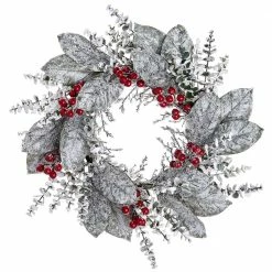 The Christmas Palace 24" SNOWY BERRY LEAF MAGNOLIA WREATH UNLIT Wreaths