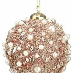 The Christmas Palace 4" PINK BEADED PEARL BALL ORNAMENT SET OF 6