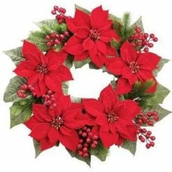 The Christmas Palace 24" RED PONSETTIA BERRY WREATH UNLIT Wreaths