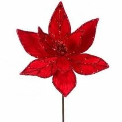 The Christmas Palace 24" GLITTER VEINED VELVET POINSETTIA STEM SET OF 12 Flowers