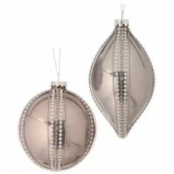 The Christmas Palace Pretty In Pink 6" PLATINUM GLASS PEARL STRIPED ORNAMENT ASSORTED SET OF 6
