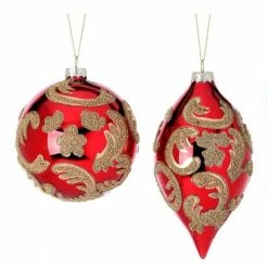 The Christmas Palace 4-6" GLASS BEADED SCROLL BALL & FINIAL ORNAMENT ASSORTED SET OF 6 Christmas Ornaments
