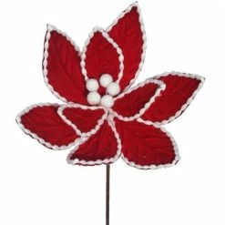 The Christmas Palace 24" RED & WHITE VELVET COTTON BEAD EDGE POINSETTIA STEM SET OF 12 Flowers