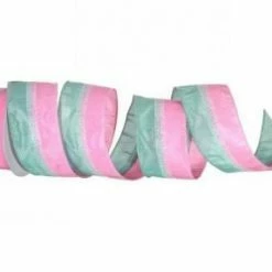 The Christmas Palace 2.5" X 10YD PINK & GREEN CANDY STRIPE WIRED RIBBON