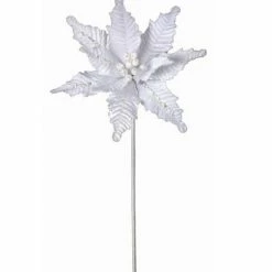 The Christmas Palace 24" WHITE GLITTER EDGE BUGLE BEAD VELVET POINSETTIA STEM SET OF 12 Flowers