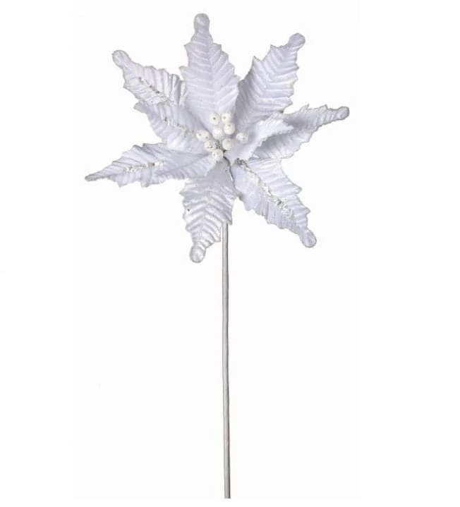 Cheapest π― The π Christmas Palace 24" WHITE GLITTER EDGE BUGLE BEAD VELVET POINSETTIA STEM SET OF 12 Flowers 𧨠1 The Christmas Palace 24" WHITE GLITTER EDGE BUGLE BEAD VELVET POINSETTIA STEM SET OF 12 Flowers