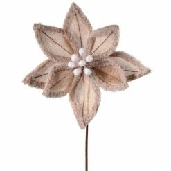 The Christmas Palace Flowers 20" BURLAP FAUX FUR EDGE POINSETTIA STEM SET OF 12