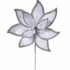 The Christmas Palace 22" WHITE JEWELED EDGE VELVET POINSETTIA STEM SET OF 12 Flowers