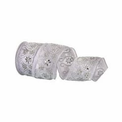 The Christmas Palace 4" X 10YD WHITE RIBBON WITH JEWEL & PEARL TRIM Ribbon & Bows