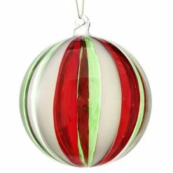 The Christmas Palace 5" GLASS RED & GREEN STRIPE CLEAR BALL ORNAMENT SET OF 6 Christmas Ornaments