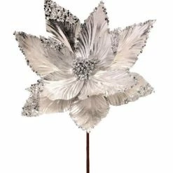 The Christmas Palace 24" SILVER METALLIC SEQUIN EDGED TIPS POINSETTIA SET OF 12