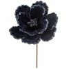 The Christmas Palace 24" MIDNIGHT BLUE VELVET GLITTER BEADED EDGE MAGNOLIA STEM SET OF 6