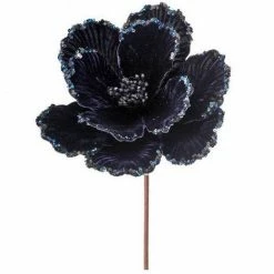 The Christmas Palace 24" MIDNIGHT BLUE VELVET GLITTER BEADED EDGE MAGNOLIA STEM SET OF 6