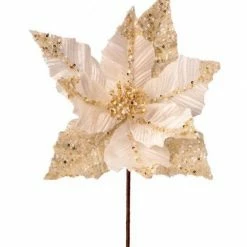 The Christmas Palace 24" IVORY VELVET GLITTER SEQUINED POINSETTIA SET OF 12 Flowers