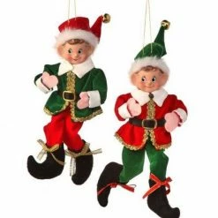 The Christmas Palace 9" FABRIC RED & GREEN TIDINGS BENDABLE ELF ASSORTED SET OF 2 Christmas Ornaments