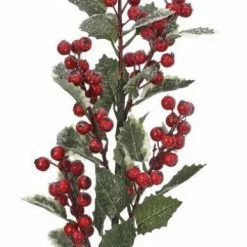 The Christmas Palace Stems & Picks 25" RED FROSTED BERRY HOLLY LEAF SET OF 6