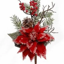 The Christmas Palace Stems & Picks 16" RED ICED POINSETTIA PINE PICK SET OF 6