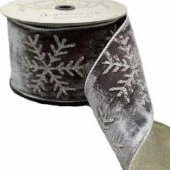 The Christmas Palace Ribbon & Bows 4" X 10YD GREY VELVET WITH GLITTER SNOWFLAKES RIBBON