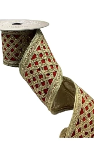 Promo π₯ The π Christmas Palace 4" X 5YD RED & GOLD VELVET LATTICE JEWEL TRIM RIBBON Ribbon & Bows π€© 1 The Christmas Palace 4" X 5YD RED & GOLD VELVET LATTICE JEWEL TRIM RIBBON Ribbon & Bows