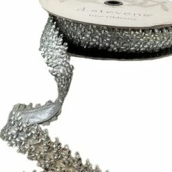 The Christmas Palace 1.5" X 10YD METALLIC DUPION SILVER CRYSTAL TRIM RIBBON