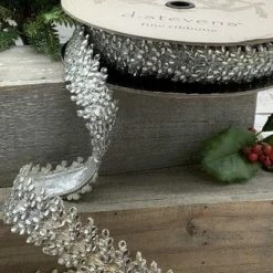 The Christmas Palace 1.5" X 10YD METALLIC DUPION SILVER CRYSTAL TRIM RIBBON