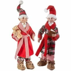 The Christmas Palace 16" ELVES IN PLAID PAJAMA POSABLE ELF SET OF 2