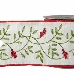 The Christmas Palace Ribbon & Bows 4" X 10YD EMBROIDERED HOLLY LEAVES RIBBON