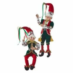 The Christmas Palace 16" RED, GOLD, & GREEN POSABLE ELF ASSORTED SET OF 2 Elves