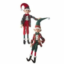 The Christmas Palace Elves 30" RED & GREEN PLAID POSABLE ELF ASSORTED SET OF 2