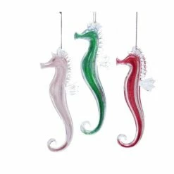 The Christmas Palace 7" SEAHORSE GLITTERED GLASS ORNAMENT SET OF 6