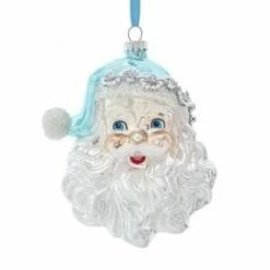 The Christmas Palace 5" ARCTIC BLUE & SILVER GLASS SANTA ORNAMENT SET OF 2