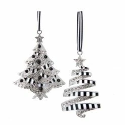 The Christmas Palace 4" BLACK & WHITE TREE WITH STONES ORNAMENT SET OF 6