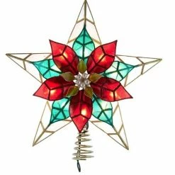 The Christmas Palace 11.5" 10-LIGHT CAPIZ GOLD POINSETTIA STAR TREETOP Angels & Toppers