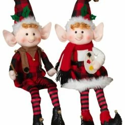 The Christmas Palace 23" BUFFALO PLAID SITTING ELF ASSORTED SET OF 2