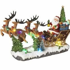 The Christmas Palace 10" SANTA ON SLEIGH WITH HIS REINDEER BATTERY OPERATED Table Tops