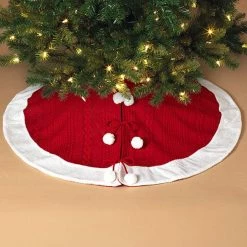 The Christmas Palace 48" RED TREE SKIRT WITH WHITE TRIM & POM POMS Skirts & Stockings