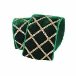 The Christmas Palace 4" X 10YD EMERALD & GOLD VELVET GLITTER LATTICE RIBBON Ribbon & Bows