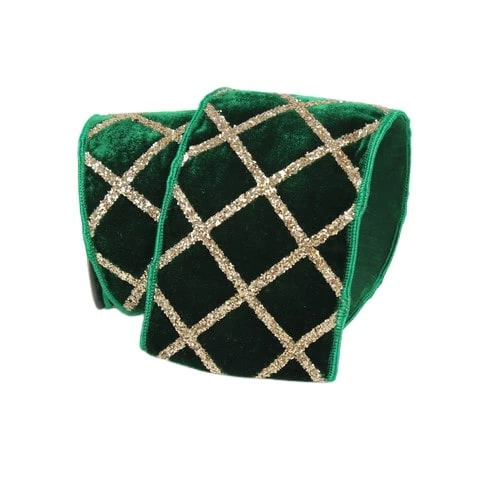 Cheapest 𧨠The π Christmas Palace 4" X 10YD EMERALD & GOLD VELVET GLITTER LATTICE RIBBON Ribbon & Bows π― 1 The Christmas Palace 4" X 10YD EMERALD & GOLD VELVET GLITTER LATTICE RIBBON Ribbon & Bows