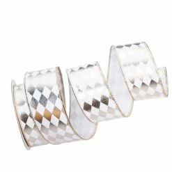 The Christmas Palace 2.5" X 10YD PLATINUM & WHITE HARLEQUIN RIBBON Ribbon & Bows