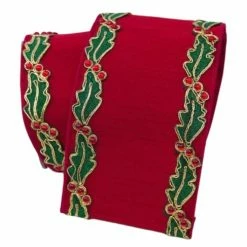 The Christmas Palace Ribbon & Bows 4" X 10YD RED HOLLY BORDERED RIBBON