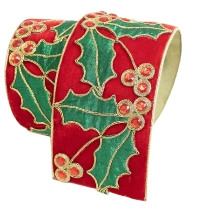 Buy π The π Christmas Palace 4" X 5YD RED VELVET WITH GREEN HOLLY & GOLD TRIM Ribbon & Bows βοΈ 1 The Christmas Palace 4" X 5YD RED VELVET WITH GREEN HOLLY & GOLD TRIM Ribbon & Bows